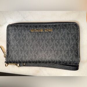 Michael Kors Black Wristlet Cellphone Wallet with Gold Logo